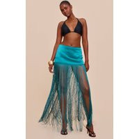 Teal Satin Extreme Tassel Trim Mini Skirt | PrettyLittleThing US