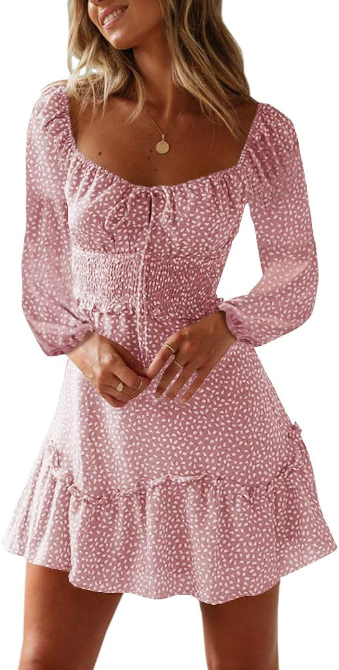 Valphsio Womens Smocked Dress Ruffle Floral Tie Front Boho Short Dresses | Amazon (US)
