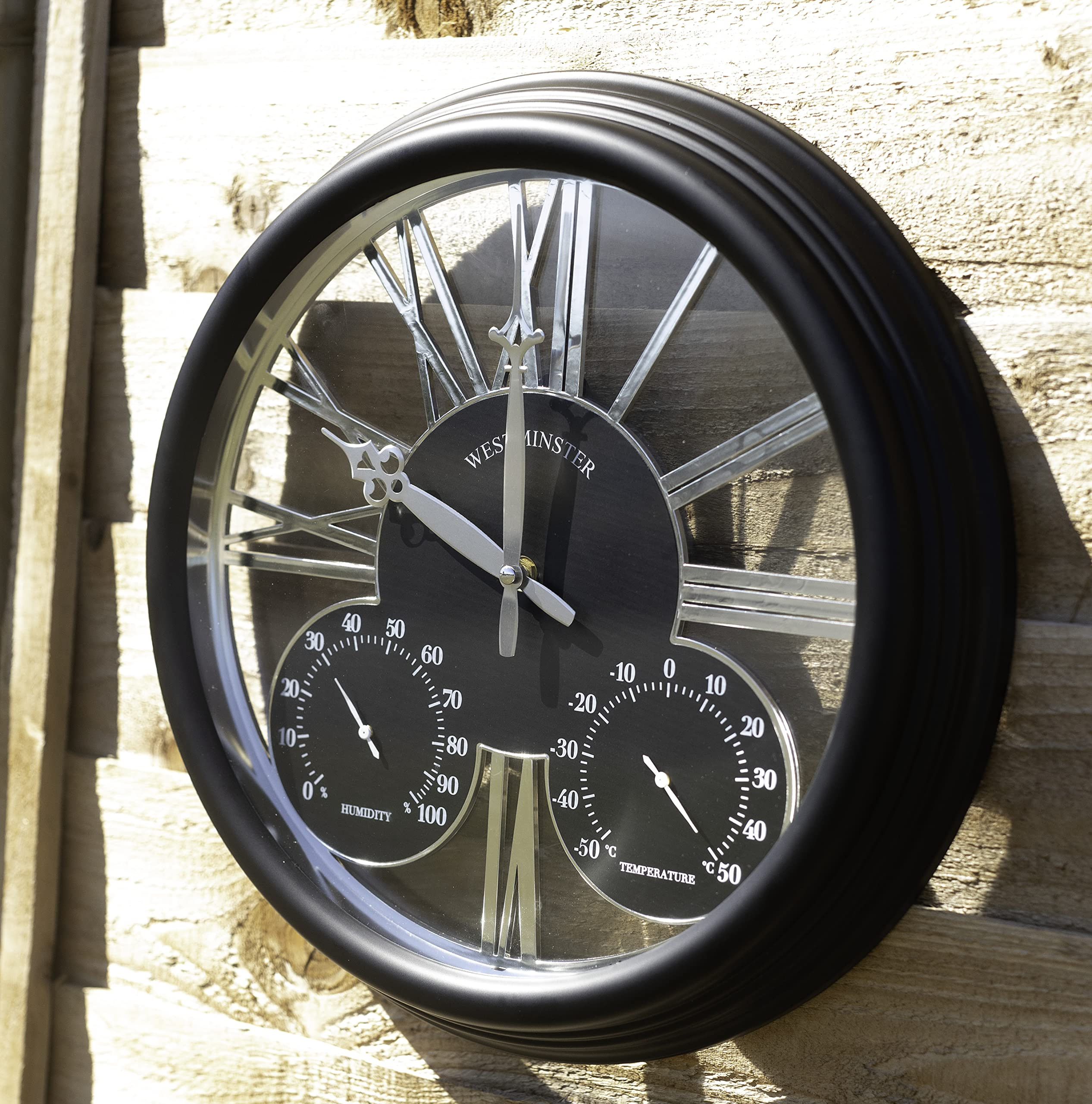 Homezone Large Black garden clock with thermometer and barometer - Battery Power Operated Quartz ... | Amazon (UK)