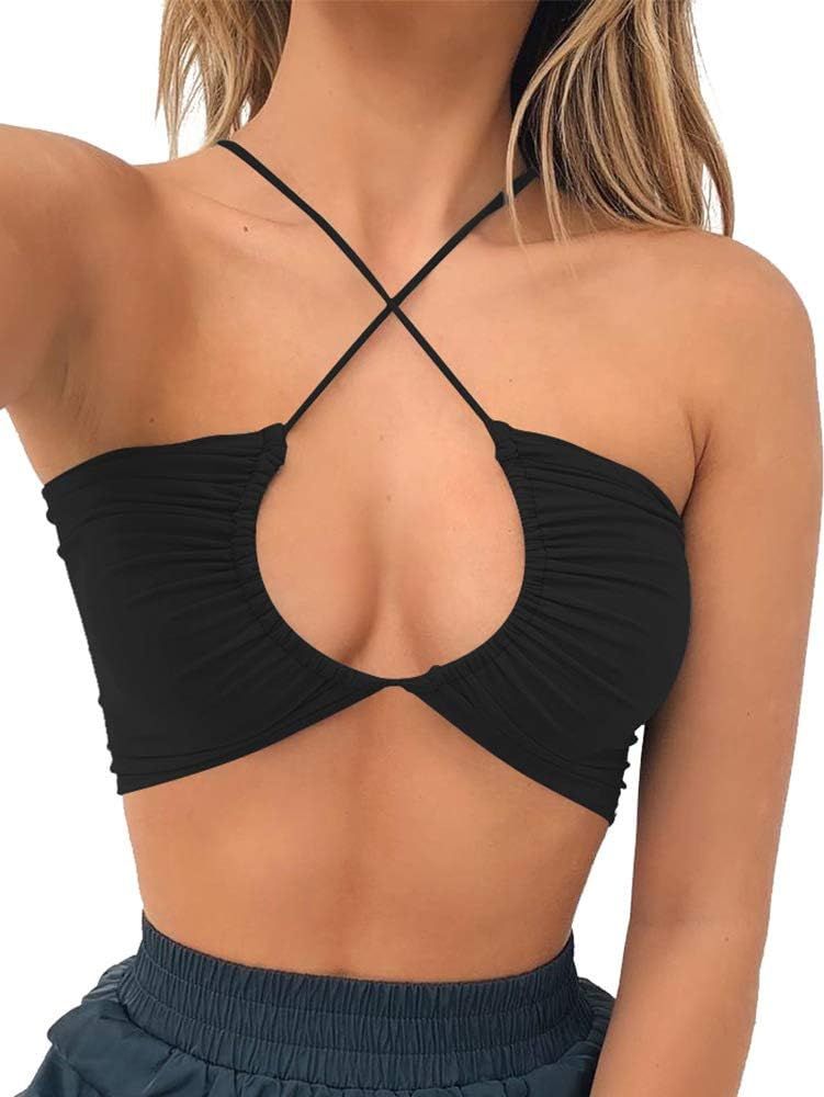 TOB Women's Sexy Criss Cross Lace Up Sling Basic Bow Tie Crop Top | Amazon (US)