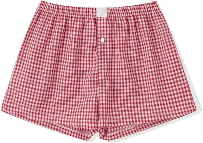Meihuida Women Gingham Boxer Shorts Y2k Cute Stripes Plaid Button Elastic Waist Lounge Boxers | Amazon (US)