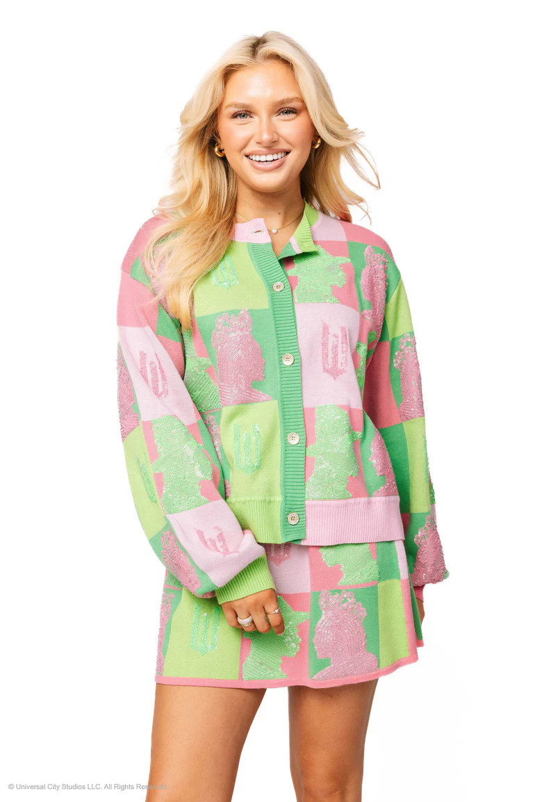 Licensed Pink & Green Colorblock Glinda and Elphaba Profile Cardigan | Queen of Sparkles