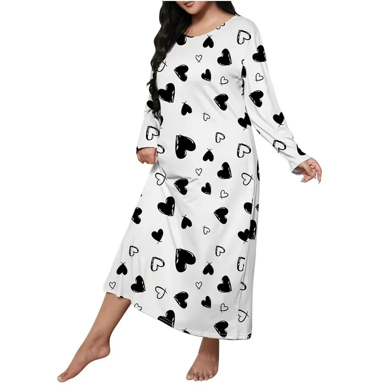 Jalioing Pajamas Nightdress for Women Plus Size Pullover Nightgown Heart Printed Long Sleeve Slee... | Walmart (US)