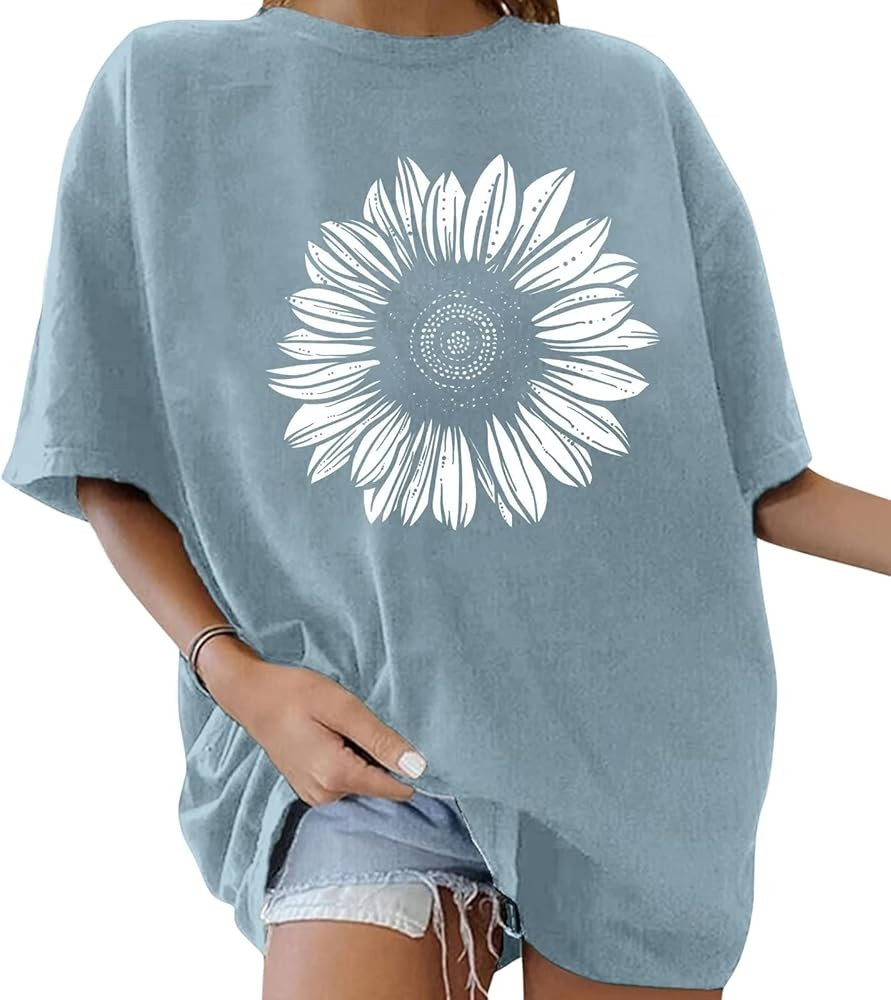 ORANDESIGNE Women’s Oversized Graphic Print Short Sleeve Tunic Tops Crew Neck Casual Drop Shoul... | Amazon (US)