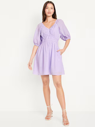 Waist-Defined Puff-Sleeve Seersucker Mini Dress | Old Navy (US)