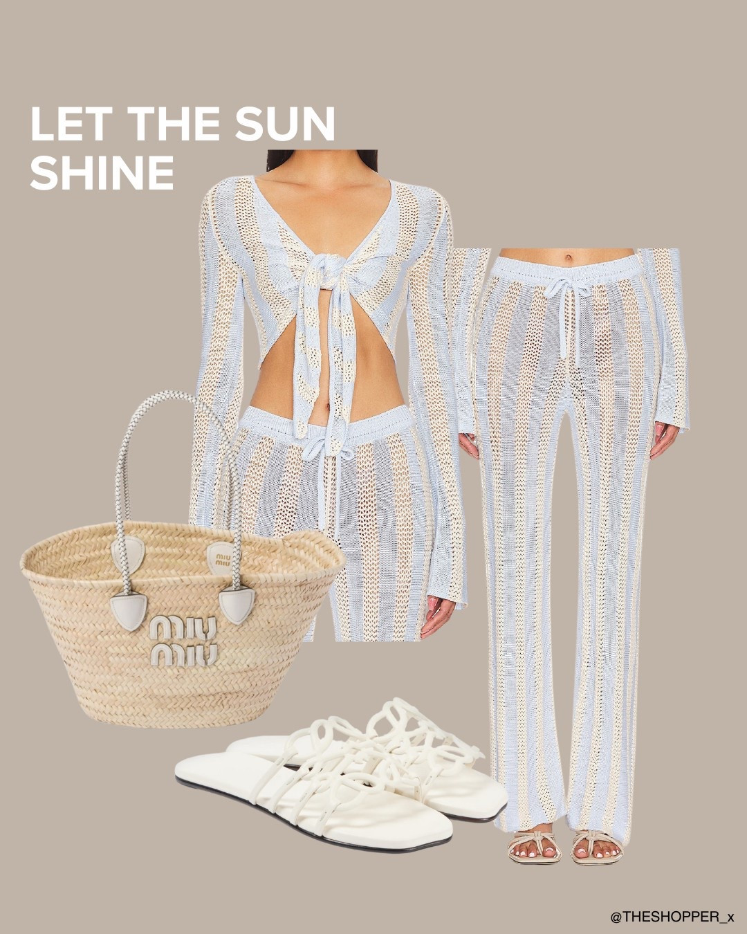 Tie up long sleeve crop top, with matching mesh trousers, beach rattan bag, strap sandals 

#LTKspring #LTKeurope #LTKluxury