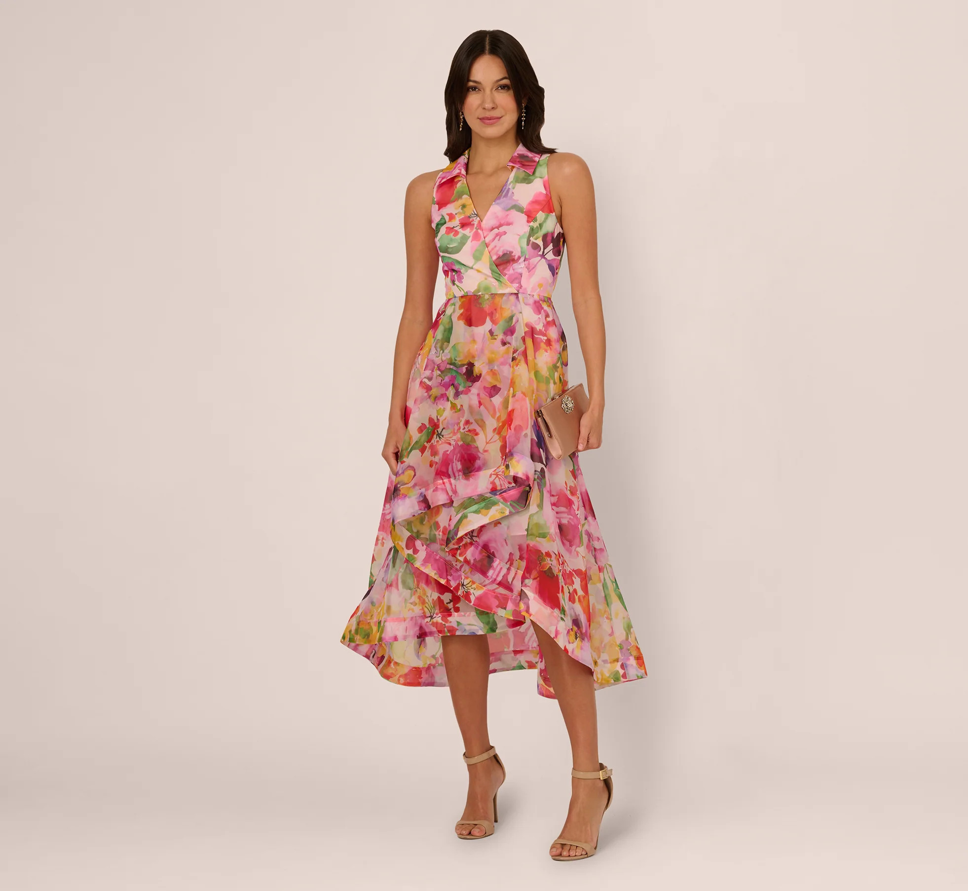 Sleeveless Floral Organza Collared High Low Dress In Pink Multi | Adrianna Papell