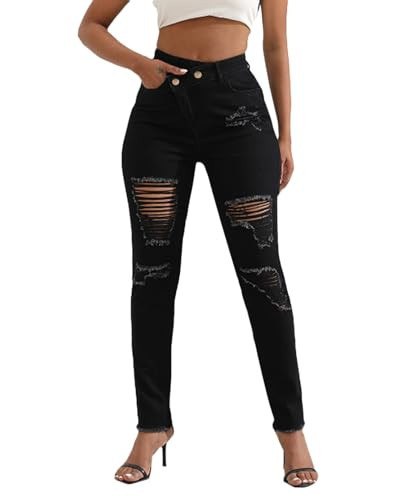 Romastory Womens Jeans High Waisted Ripped Stretchy Pants Classic Distressed Jeans for Women(Large,Black) | Amazon (US)