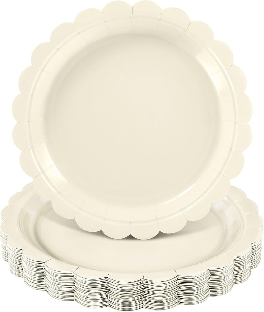 NatNarr 30 Pcs Ivory Paper Plates 9 Inch Disposable Scalloped Cream Plates Cute Beige Wedding Des... | Amazon (US)