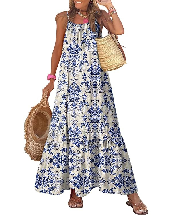 Dokotoo Women Summer Dresses 2025 Spaghetti Strap Scoop Neck Smocked Ruffle Flowy Boho Maxi Dress | Amazon (US)