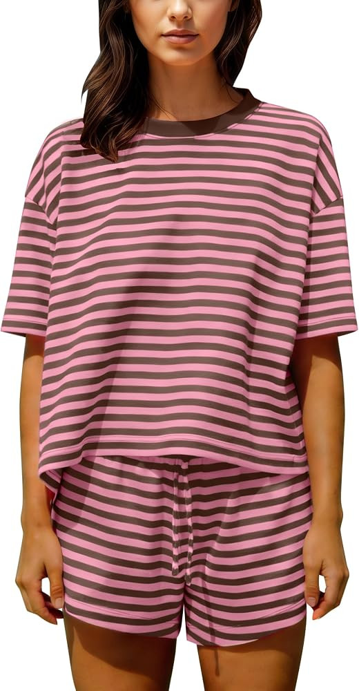 Womens Striped Lounge Set Short Sleeve Tee Drawstring Shorts Pj Set | Amazon (US)