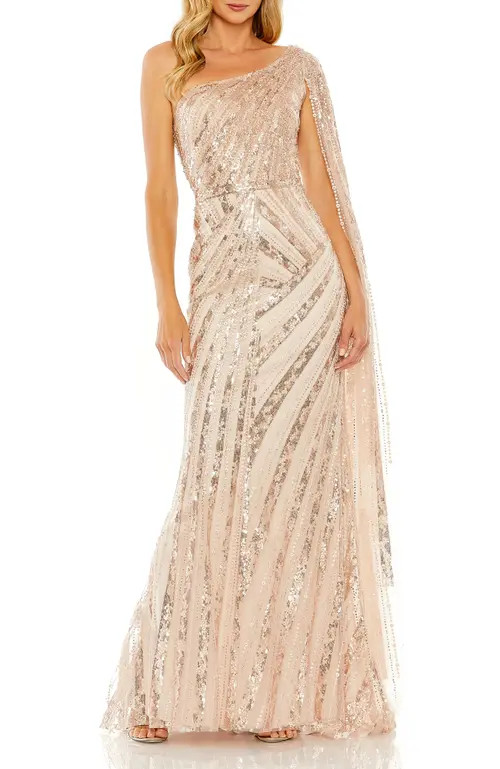 Mac Duggal One Shoulder Cape Sleeve Embellished Gown in Rose Gold at Nordstrom, Size 4 | Nordstrom
