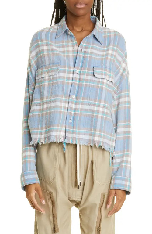 R13 Plaid Cotton Flannel Crop Work Shirt in Blue/Green Plaid at Nordstrom, Size Medium | Nordstrom