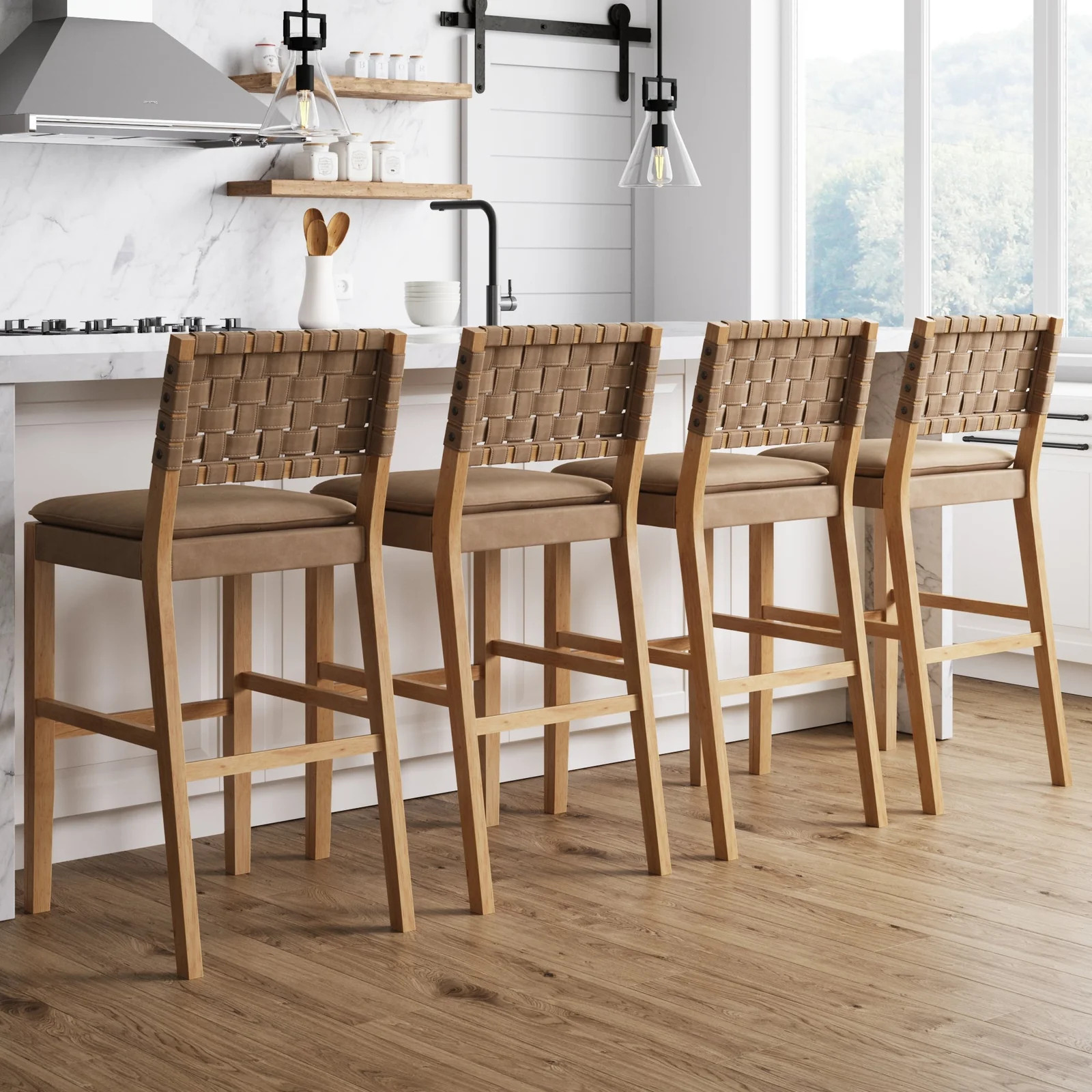 Faux Leather Woven Bar Stools Brown (Set of 4) | Nathan James