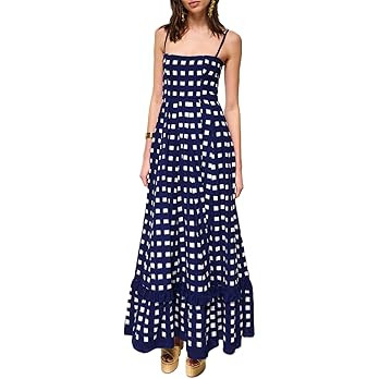 Women's Plaid Long Dress Spaghetti Strap Square Neck Ruffle Hem Swing A Line Summer Party Beach S... | Amazon (US)