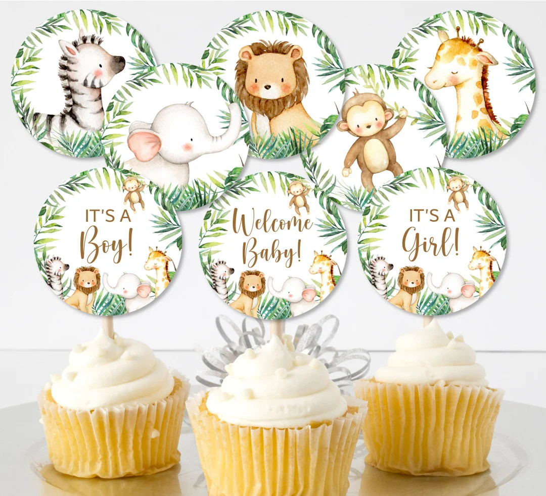 Jungle Cupcake Toppers Jungle Baby Shower Cute Safari Animals Baby Shower Food Decoration Printab... | Etsy (US)
