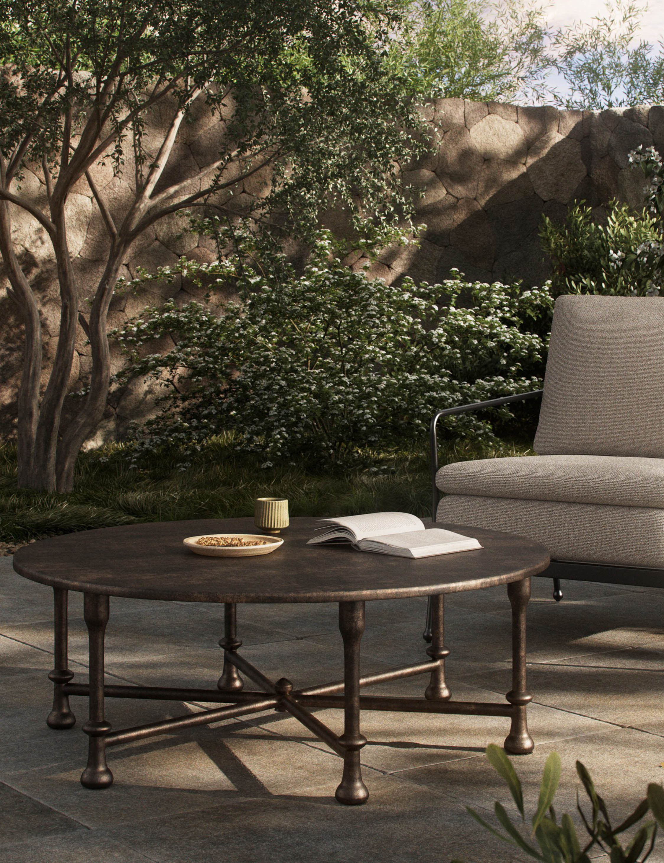 Leblanc Indoor / Outdoor Round Coffee Table by Amber Lewis x Four Hands, Distressed Bronze | Lulu and Georgia 