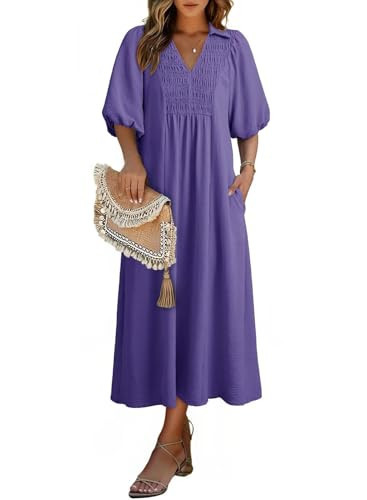 Dokotoo Womens 2026 Casual Dresses V Neck Short Sleeve Empire Waist A-Line Maxi Dresses for Women Spring Dress Purple Large | Amazon (US)