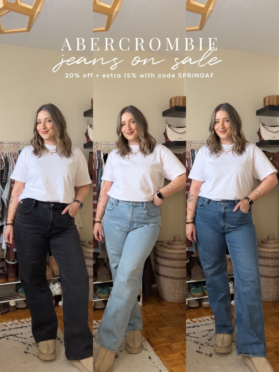 My all time fave jeans from Abercrombie! Code SPRINGAF for extra 15% off! Wearing 32, I probably could do a 31, but I prefer a looser fit! I’m 5’8 with shorter legs and a long torso, so I get regular length. They are comfy, flattering, and have the perfect amount of stretch! This white cotton tee is not see through and the high neck makes it perfect for layering, wearing my usual size L. Ugg tazz fit TTS, wearing 10

#LTKsale #LTKmidsize #LTKjeans