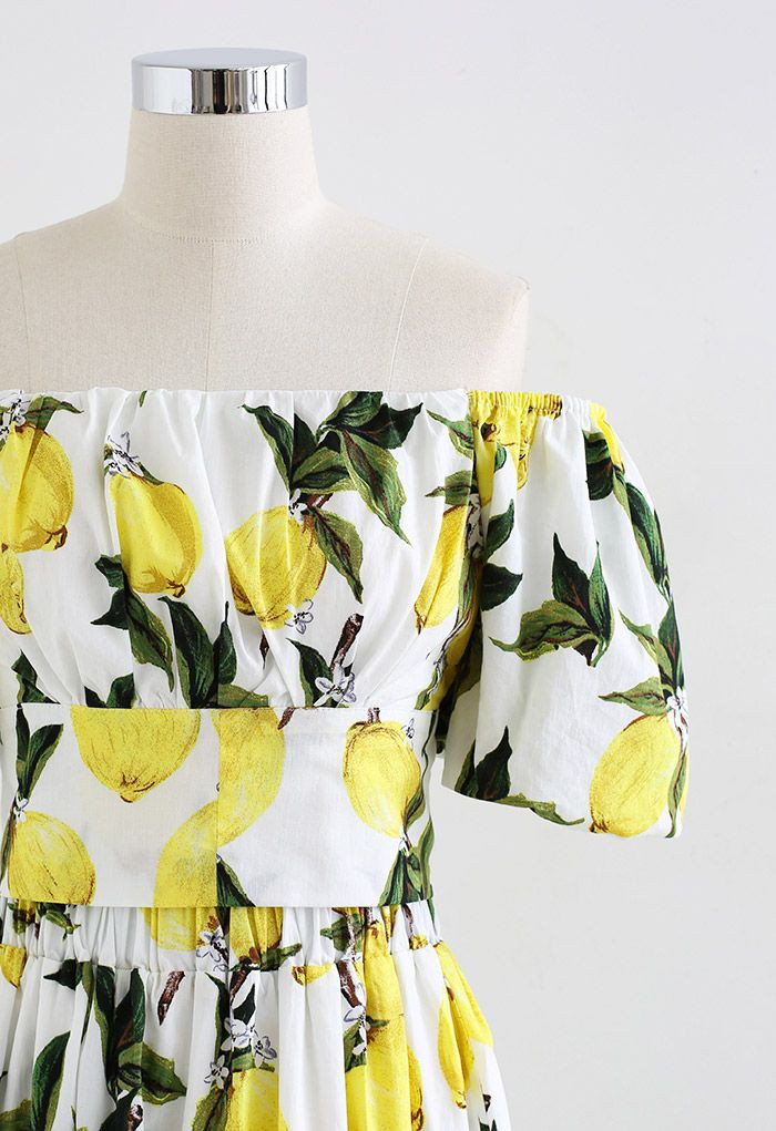 Off-Shoulder Bowknot Crop Top and Flare Skirt Set in Lemon Print | Chicwish