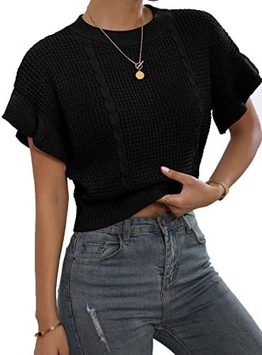Verdusa Women's Ruffled Short Sleeve Round Neck Knitted Crop Top Pullovers Sweater | Amazon (US)
