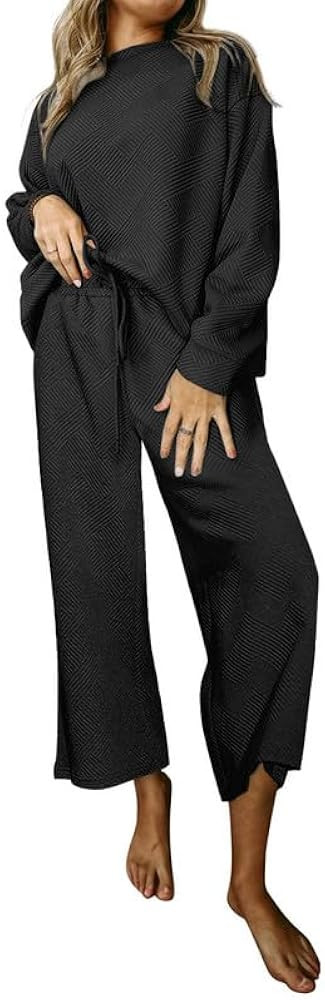 SHEWIN Women's 2 Piece Outfits Sweatsuit Casual Long Sleeve Pullover Tops and Drawstring Wide Leg... | Amazon (US)