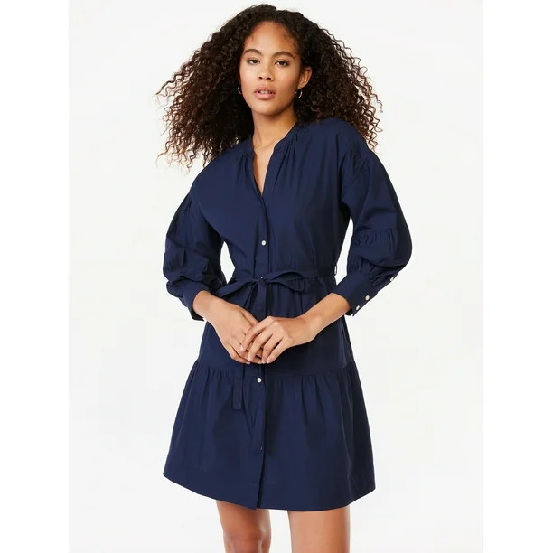 Free Assembly Women's Tiered Mini Shirt Dress with Long Sleeves, Sizes XS-XXL | Walmart (US)