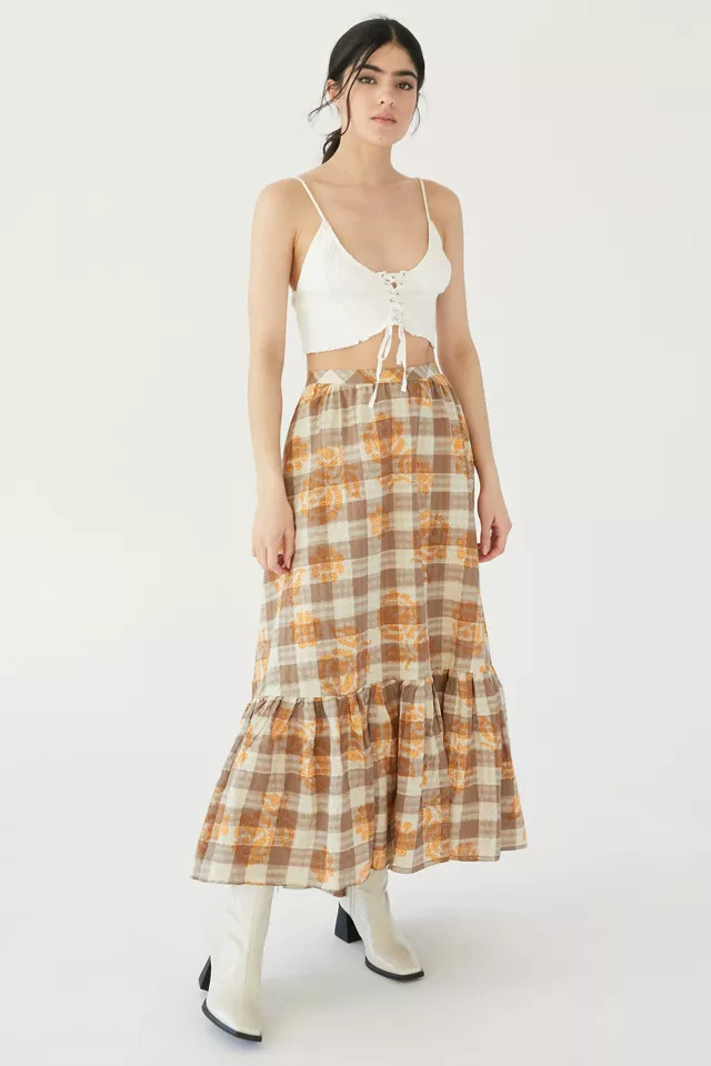 UO Million Miles Plaid Midi Skirt | Urban Outfitters (US and RoW)