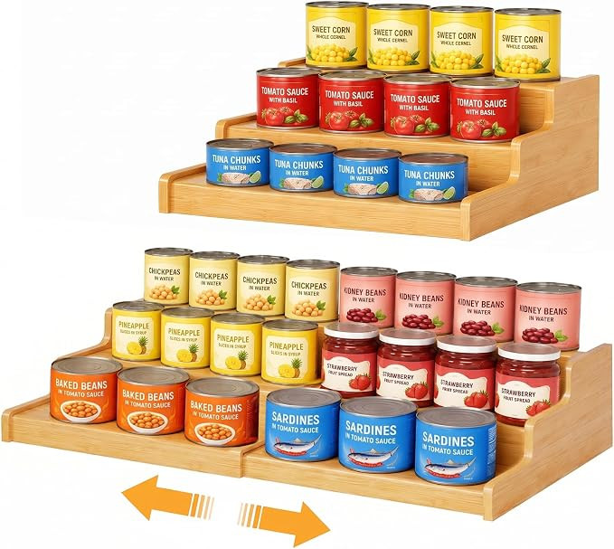 Expandable Bamboo Can Rack Organizer for Pantry, Upgraded 3-Tier Adjustable Can Storage Holder, P... | Amazon (US)