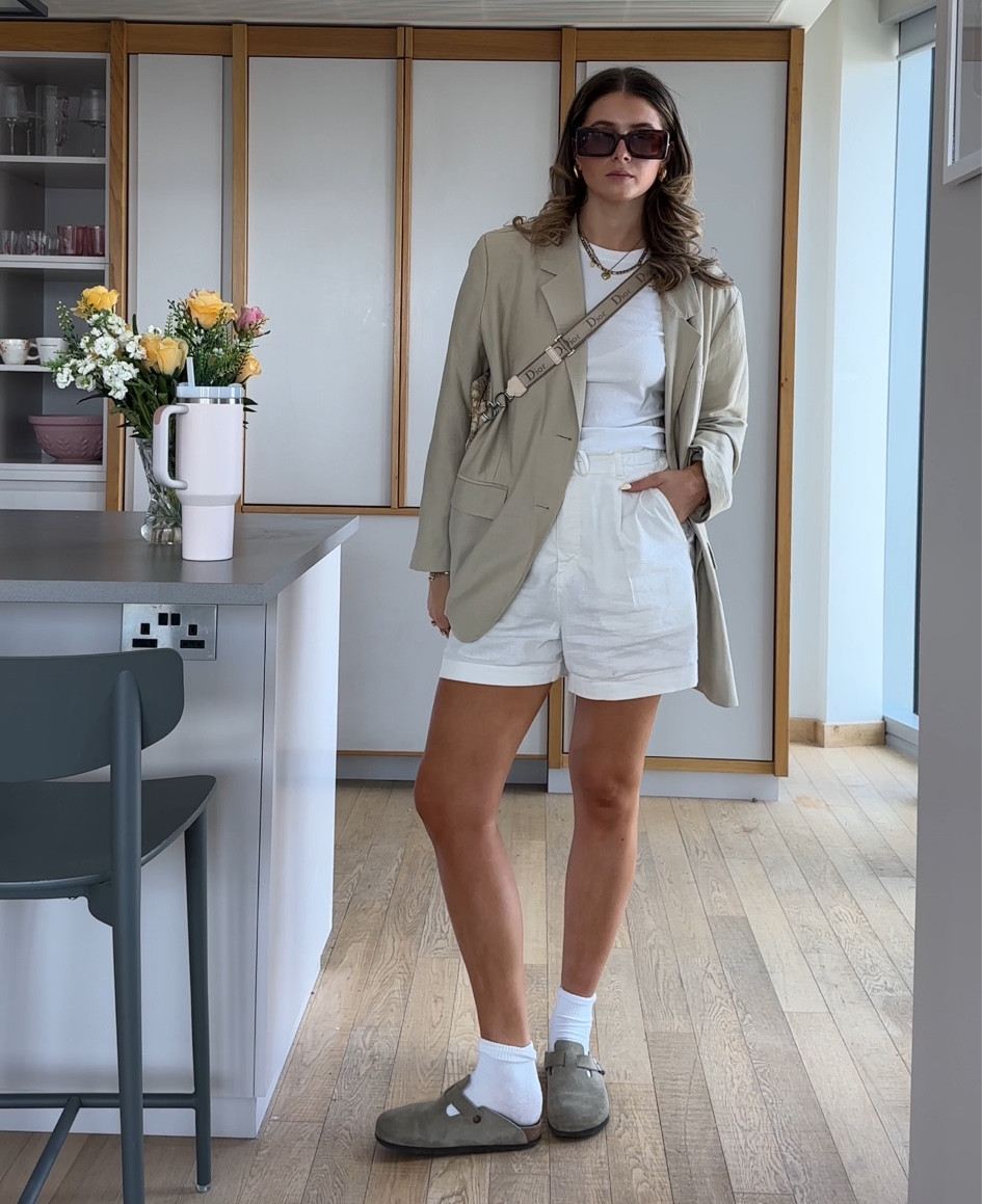linen shorts Uniqlo white baby tee tshirt basic capsule wardrobe summer outfit workwear office holiday shop linen beige green light blazer cream Birkenstock Boston tortoise wheel rectangular sunglasses cross body Dior bag vintage gold jewellery 

#LTKsummer #LTKworkwear #LTKuk