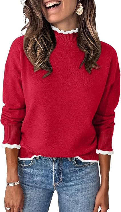 Womens Ruffle Mock Neck Sweater Casual Long Sleeve Cozy Ribbed Knit Pullover Sweaters Dressy Casu... | Amazon (US)