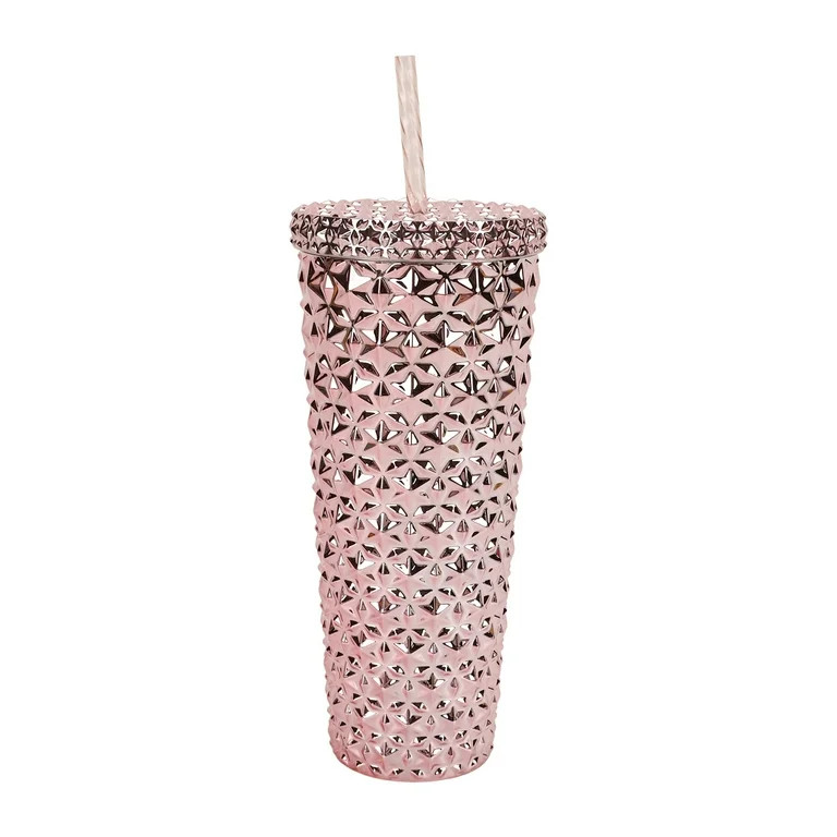 Holiday Time 26 oz Plastic Double Wall Insulated Textured Tumbler with Straw, Pink Metallic | Walmart (US)