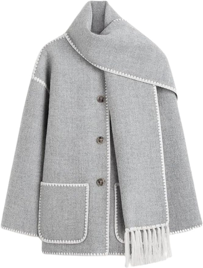 SeekMe Womens Embroidered Scarf Jacket Oversized Wool Blend Coat Button Down Winter Outerwear wit... | Amazon (US)