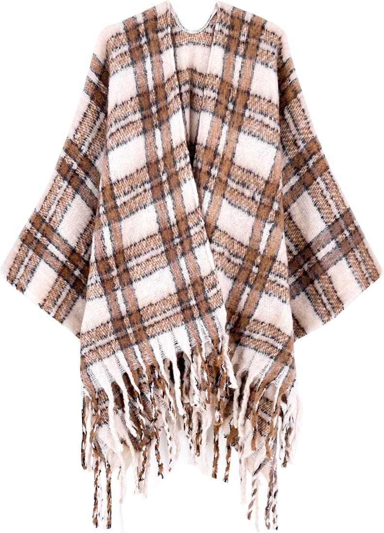 Women's Travel Plaid Shawl Wrap Open Front Poncho Cape for Fall Winter | Amazon (US)