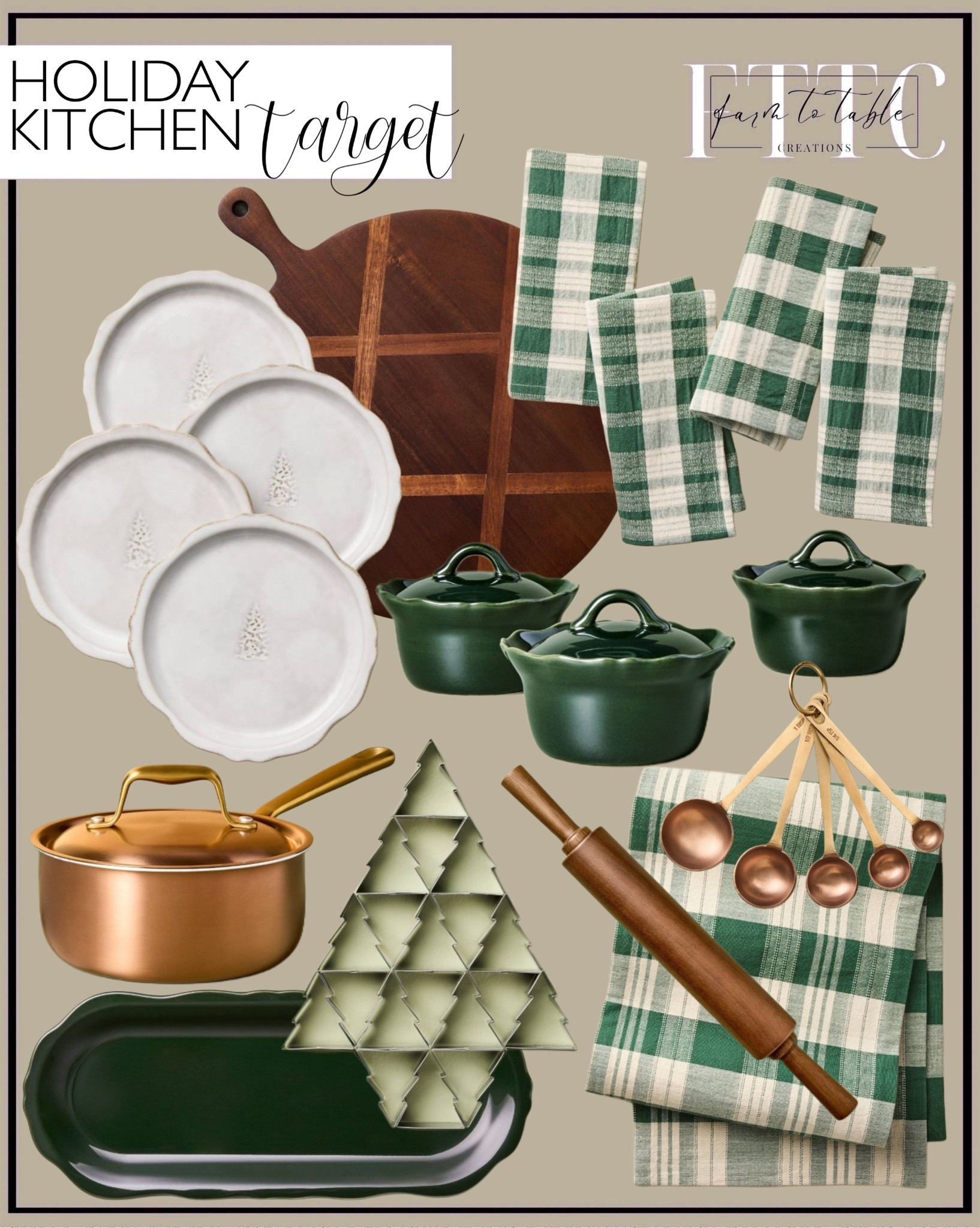 Holiday kitchen favorites from Target — this collection is perfect for cozy seasonal cooking and hosting. From deep green bakeware and plaid napkins to copper utensils and festive tree-shaped molds, every piece adds warmth and charm to your kitchen for the holidays.

Follow @farmtotablecreations for more Target holiday finds and kitchen inspiration.

#holidaykitchen #christmaskitchen #targetfinds #targethome #kitcheninspo #holidayhosting #christmasbaking #targetdecor #christmasdecor #kitchendecor #holidaystyle #seasonaldecor #tablescapeideas #christmashome #neutralholiday #targetstyle #holidayhome #kitchenfavorites 

#LTKFindsUnder50 #LTKSeasonal #LTKHome