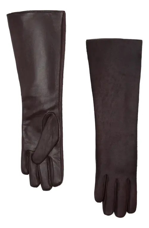 MANGO Long Leather Gloves with Faux Fur Trim in Chocolate at Nordstrom, Size Medium | Nordstrom