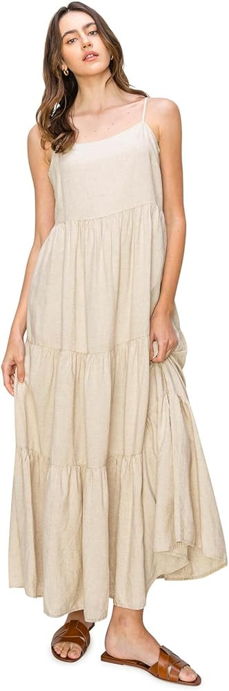 Cali1850 Women's XS~XL Lined Tiered Sleeveless Linen Flare Maxi Dress with Adjustable Spaghetti S... | Amazon (US)