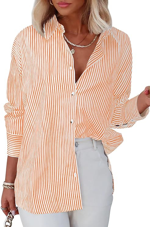 Diosun Womens Striped Button Down Shirts Classic Long Sleeve Stylish Collared Office Work Blouses... | Amazon (US)