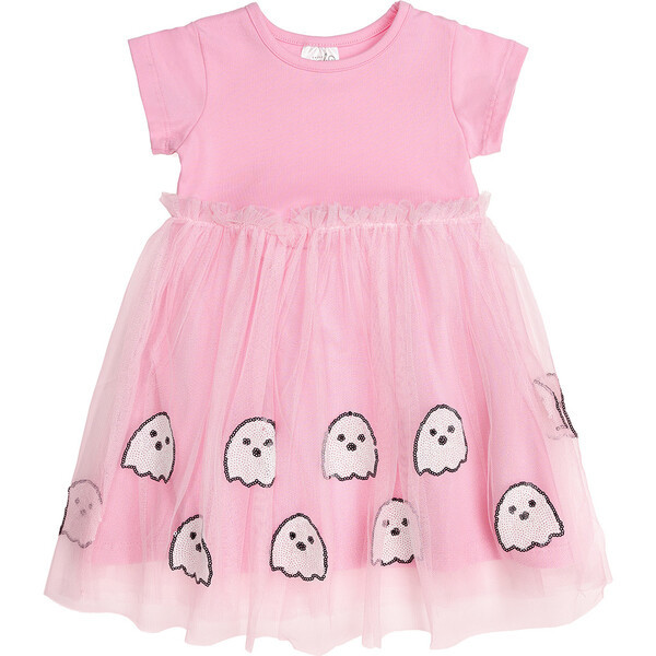 Ghost Sequin Halloween Short Sleeve Tutu Dress, Pink | Maisonette