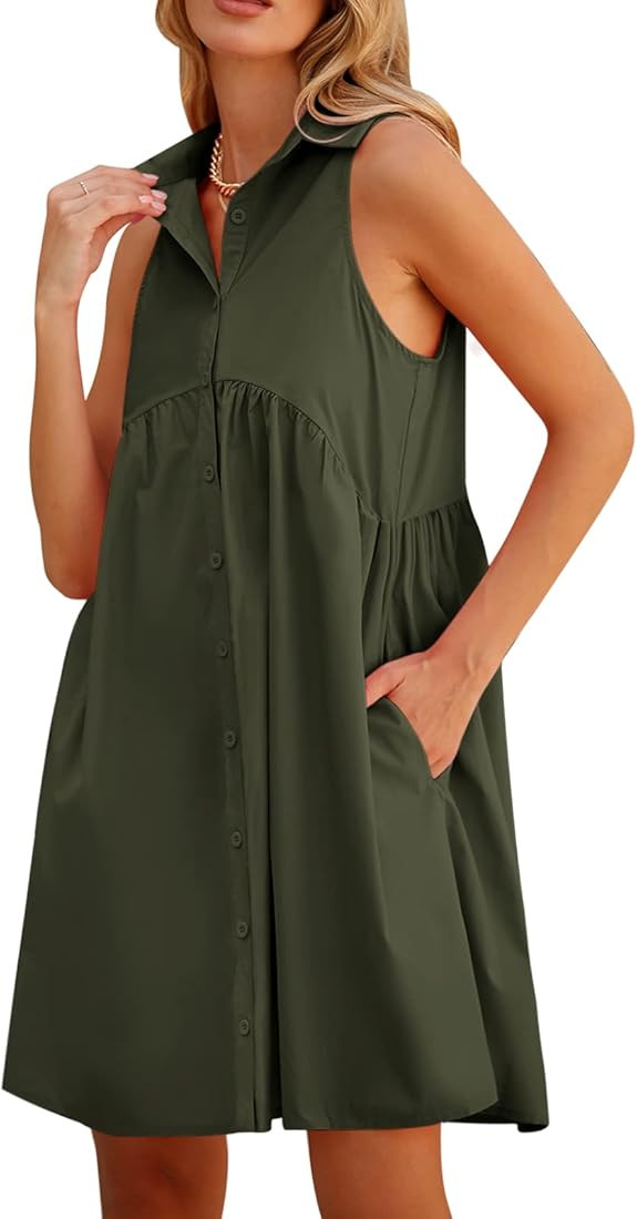 DEEP SELF Women Summer Collared Shirt Dress Casual Loose Button Down Short Dress V Neck Tunic Min... | Amazon (US)