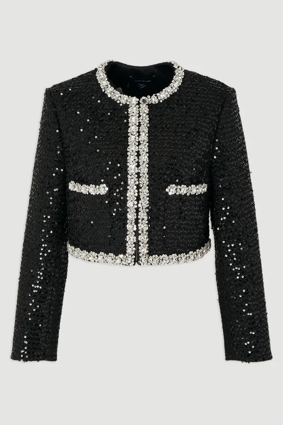 Sequin Tweed Embellished Cropped Tailored Jacket | Karen Millen US