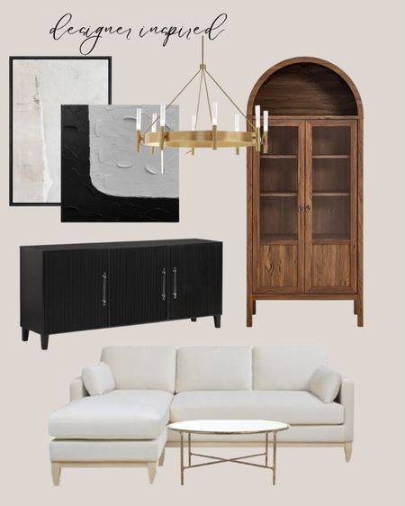 Amazon designer inspired:
White sectional traditional. Gold round coffee table traditional. Black cabinet modern. Natural wood cabinet tall. Gold chandelier traditional. Abstract wall art.

#LTKhome #LTKsalealert