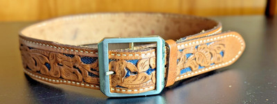 Vintage Justin Western Leather Belt w/ Blue Denim Inlay – Floral Tooled Size 28 | eBay US