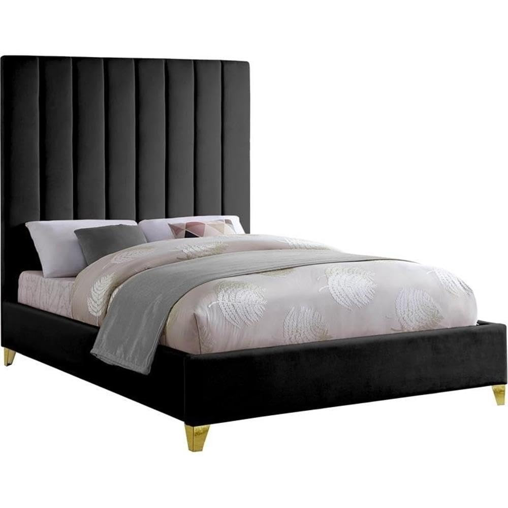 Meridian Furniture ViaBlack-K Via Collection Modern | Contemporary Rich Black Velvet Upholstered King Bed,Deep Channel Tufting, Gold and Chrome Legs, 81.5" W x 86" D x 70.5" H, Black | Amazon (US)