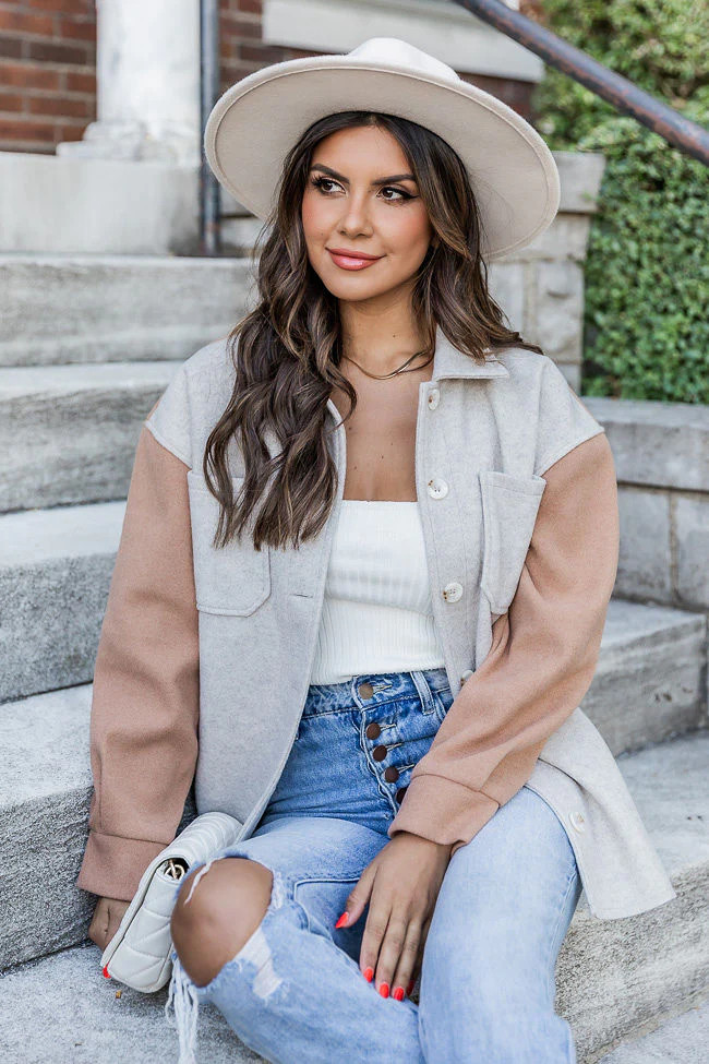 One More Round Beige and Brown Colorblock Wool Shacket | Pink Lily