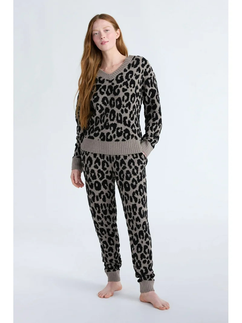 Joyspun Women's Fuzzy Knit V-Neck Top and Joggers Set, 2-Piece, Sizes XS-3X | Walmart (US)