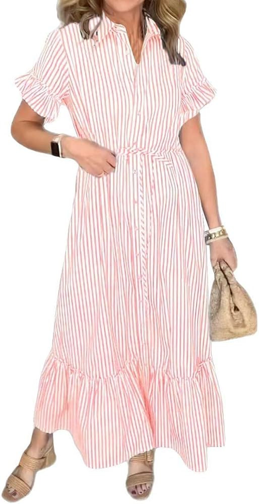 chouyatou Women's Summer Loose Stripe Maxi Shirt Dress Short Sleeve Drawstring Long Button Down D... | Amazon (US)