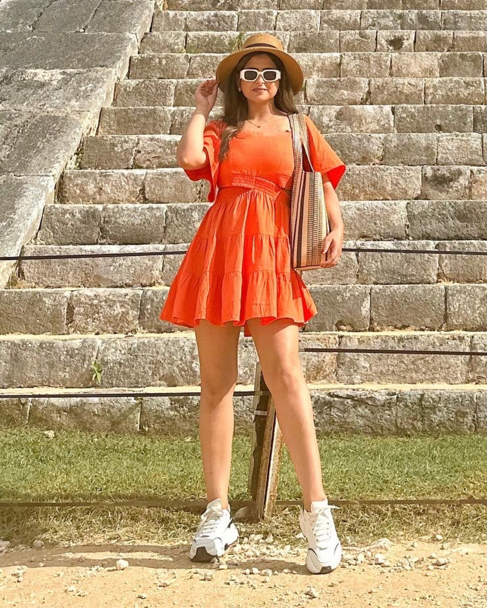 Summer outfits 
Vacation outfits 
Beach bag 
Straw hat 
White sunglasses 
Chunky sneakers 
Short dresses 

#LTKstyletip #LTKtravel #LTKunder50