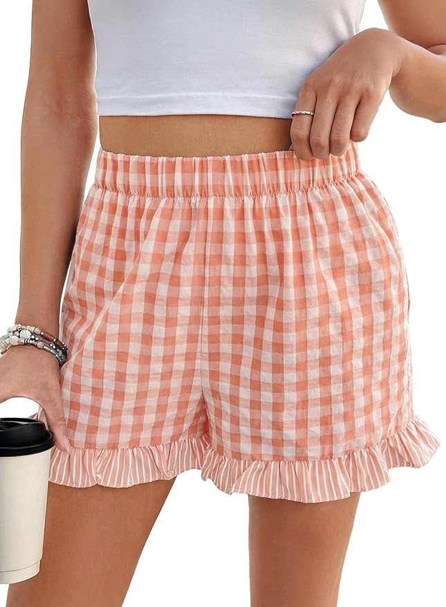 EVALESS Gingham Shorts Womens Ruffle Boxer Shorts Cute Sleep Pajama Bottoms | Amazon (US)