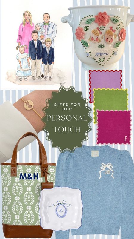 Personalized gifts for her - some of my favorite tried and true gift ideas for women. Be sure to order personalized and custom pieces early so they arrive before Christmas! 

Custom family watercolor painting, personalized cache pot with kids names, silhouette bracelet jewelry, monogrammed cocktail napkins, wine tote, custom jewelry holder, luxury cashmere sweater with embroidery, holiday gift guide for mom, sister, grandmother, friend 

#LTKstyletip #LTKHoliday #LTKfindsunder100